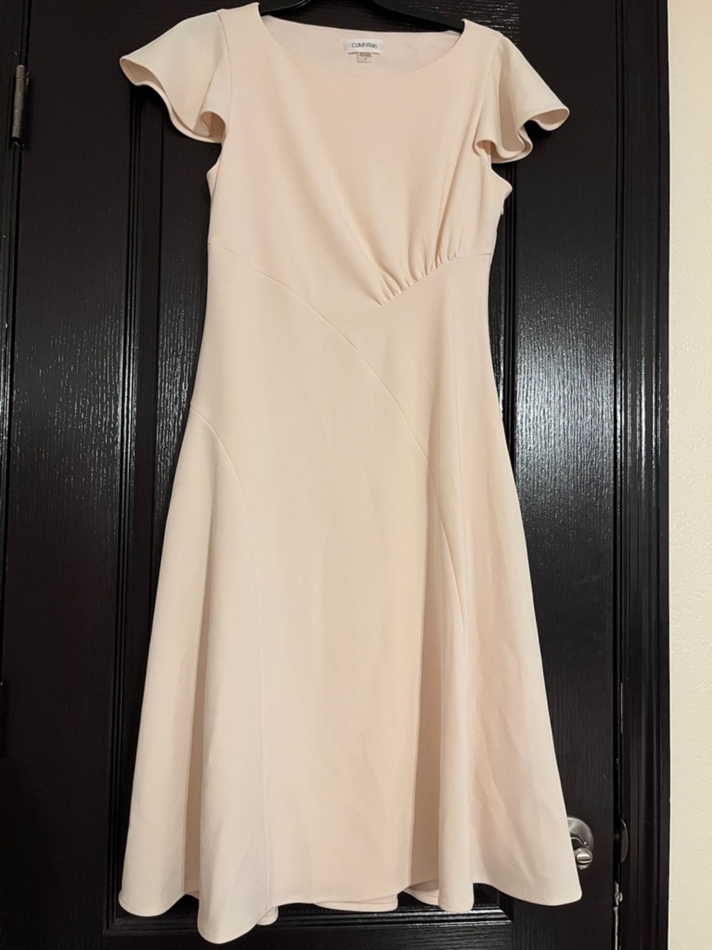 Calvin Klein Soft Cream A-Line Midi Dress with Flutter Sleeves